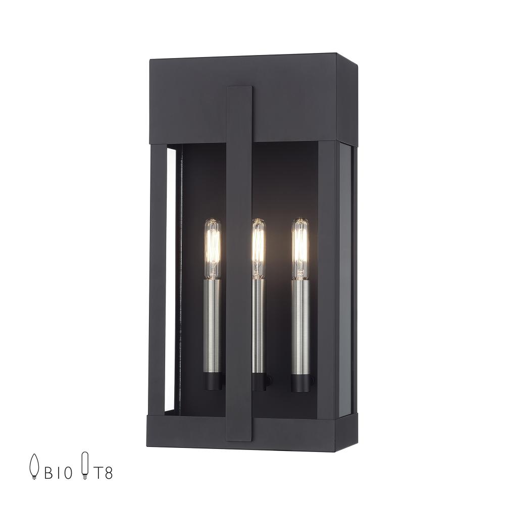 2 Light Black Large Outdoor Wall Lantern with Brushed Nickel Candles and Clear Glass