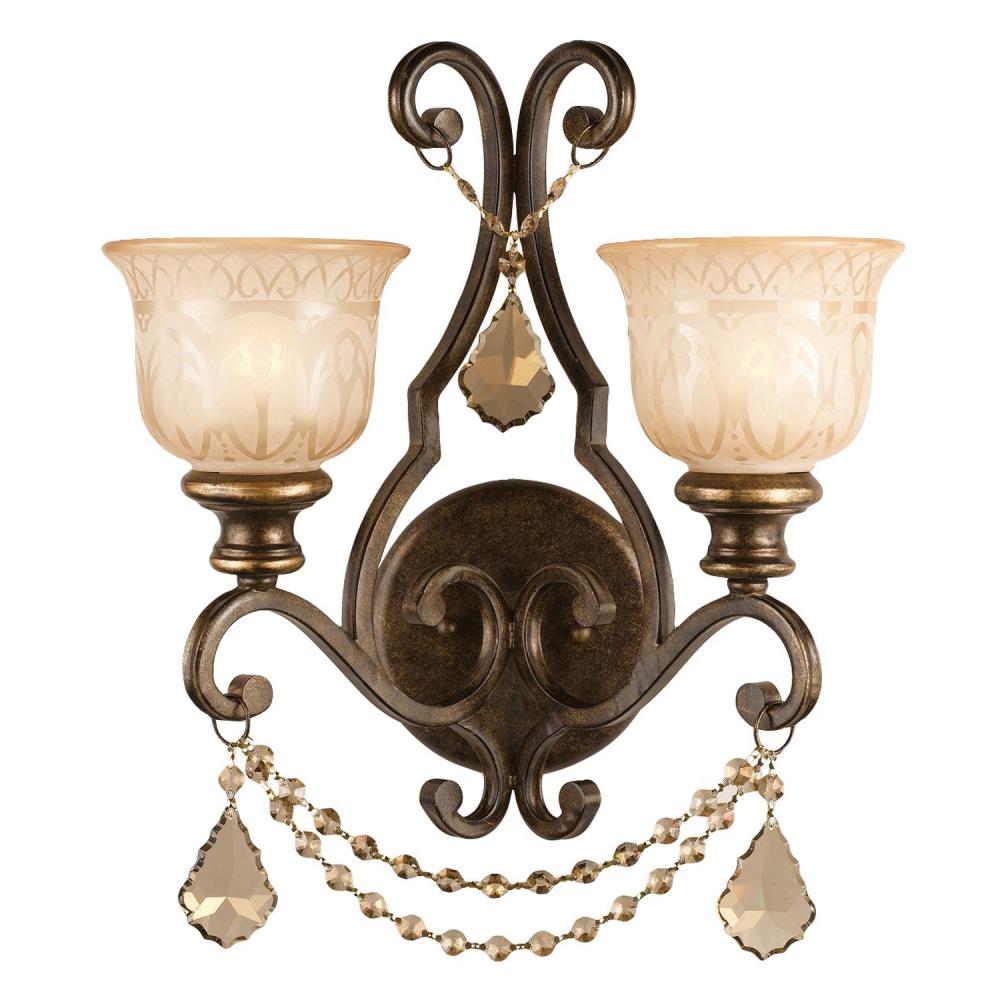 Norwalk 2 Light Golden Teak Hand Cut Crystal Bronze Umber Sconce