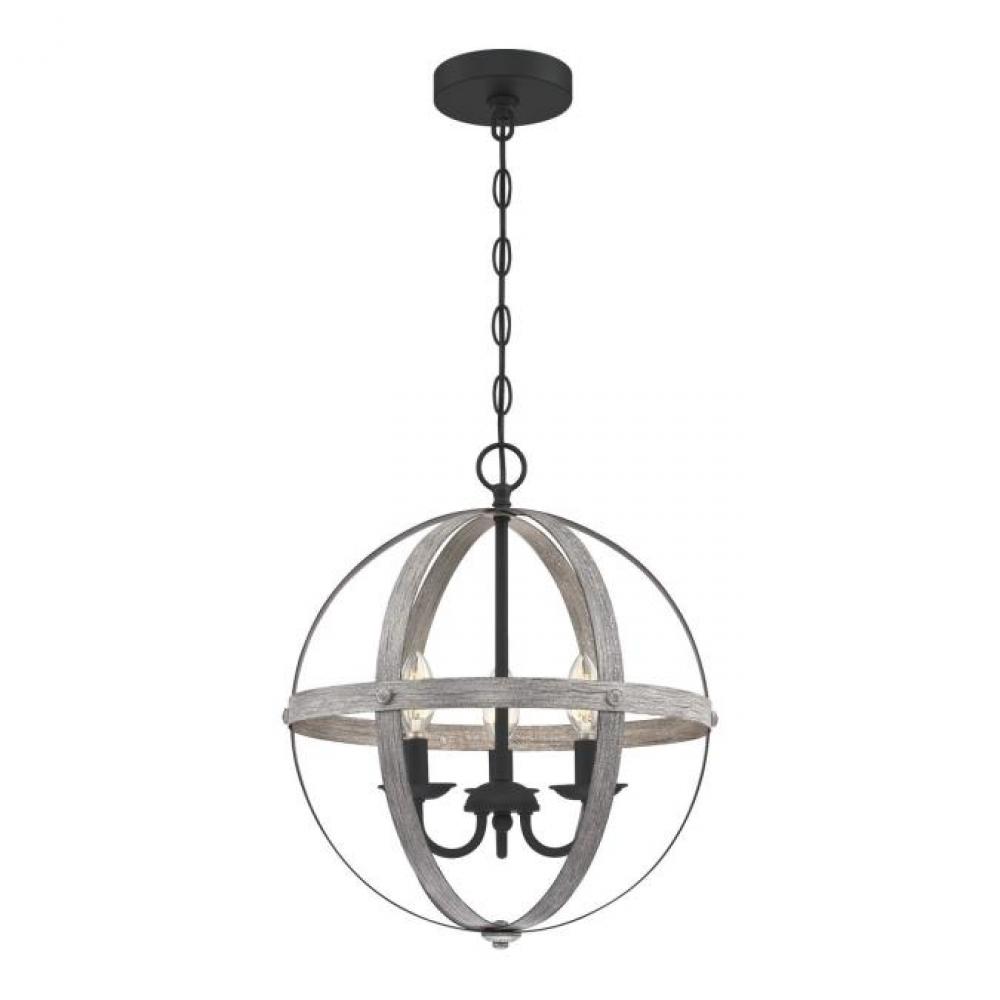 3 Light Chandelier Antique Ash Finish with Matte Black Accents