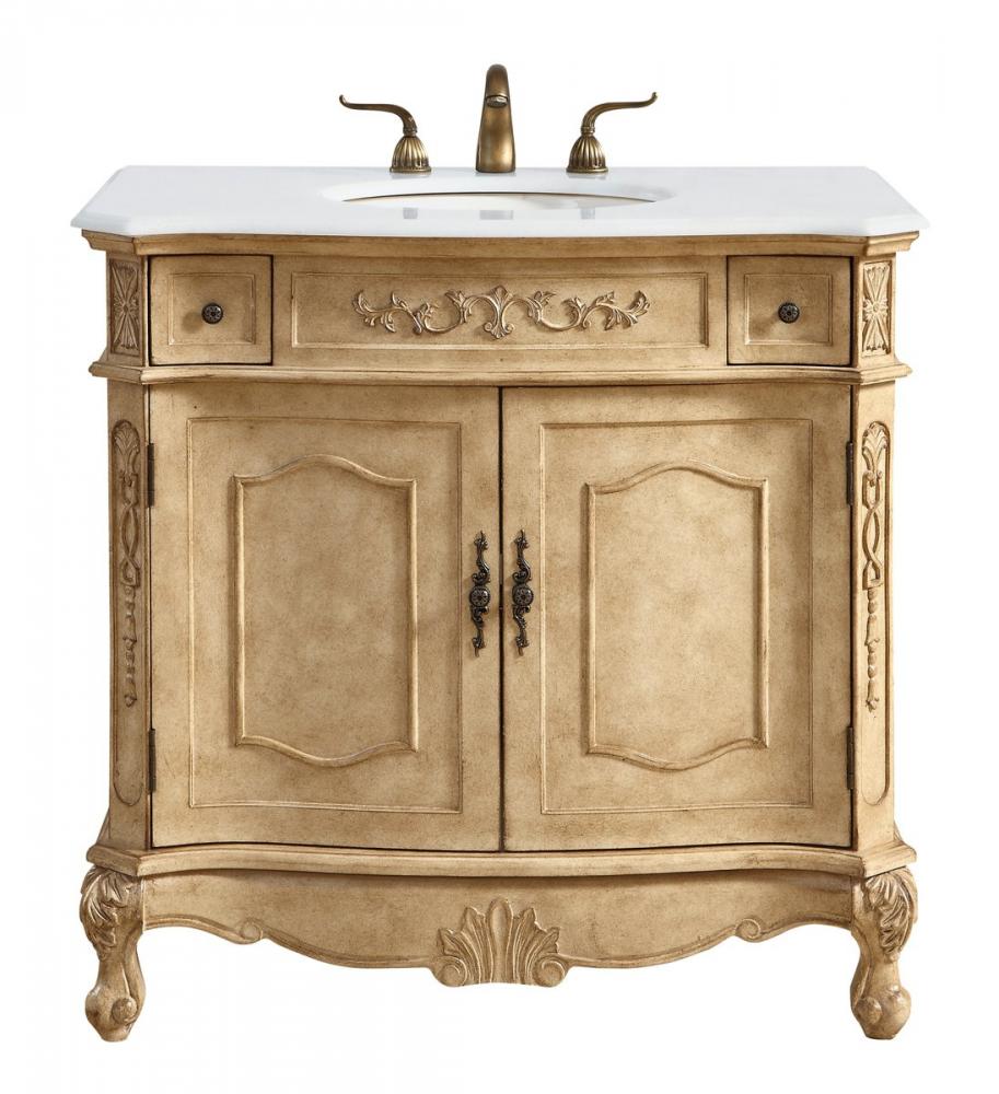 36 Inch Single Bathroom Vanity in Antique Beige with Ivory White Engineered Marble